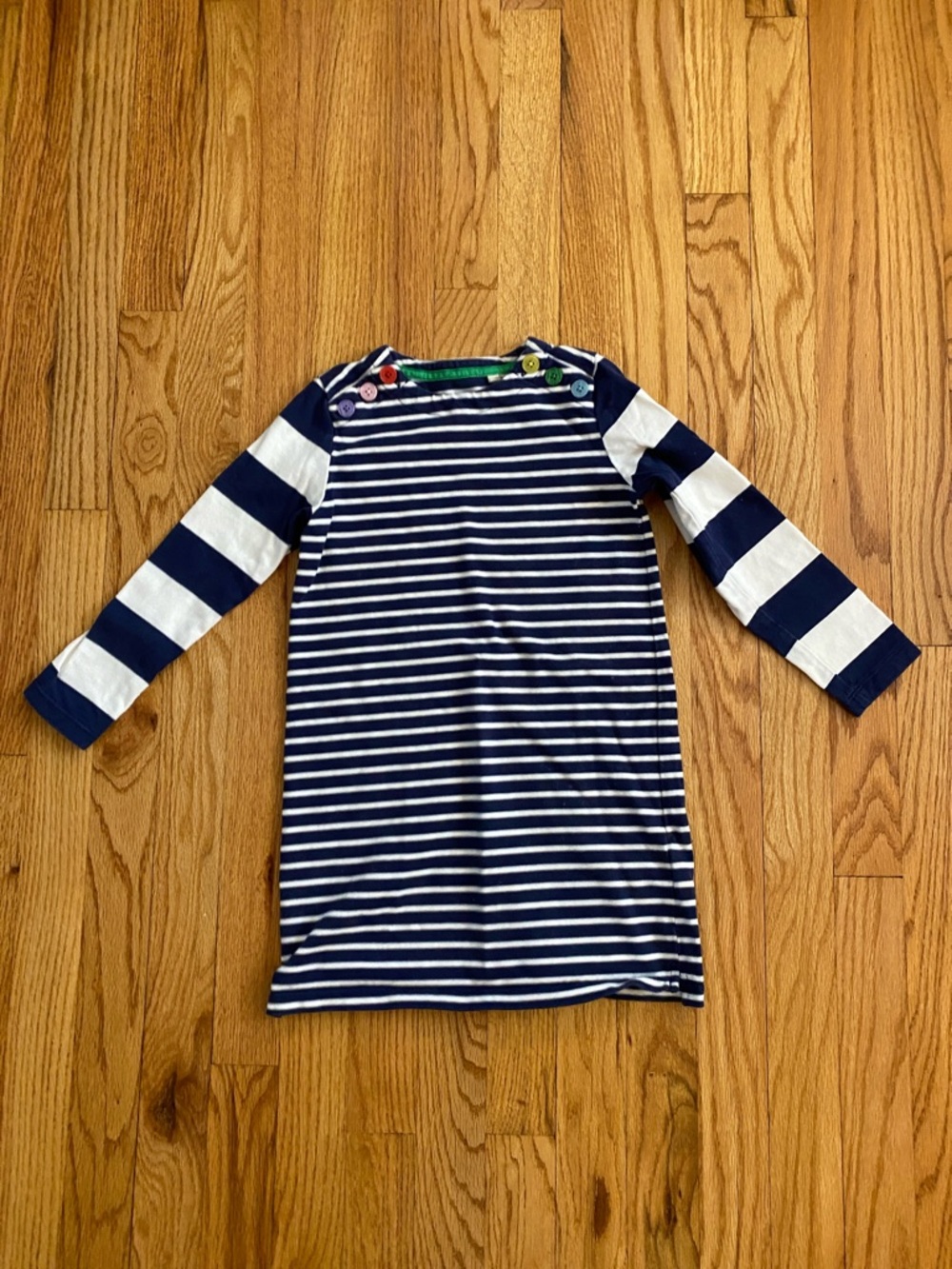 Mini Boden Navy and White Striped Knit Dress with Colorful Buttons